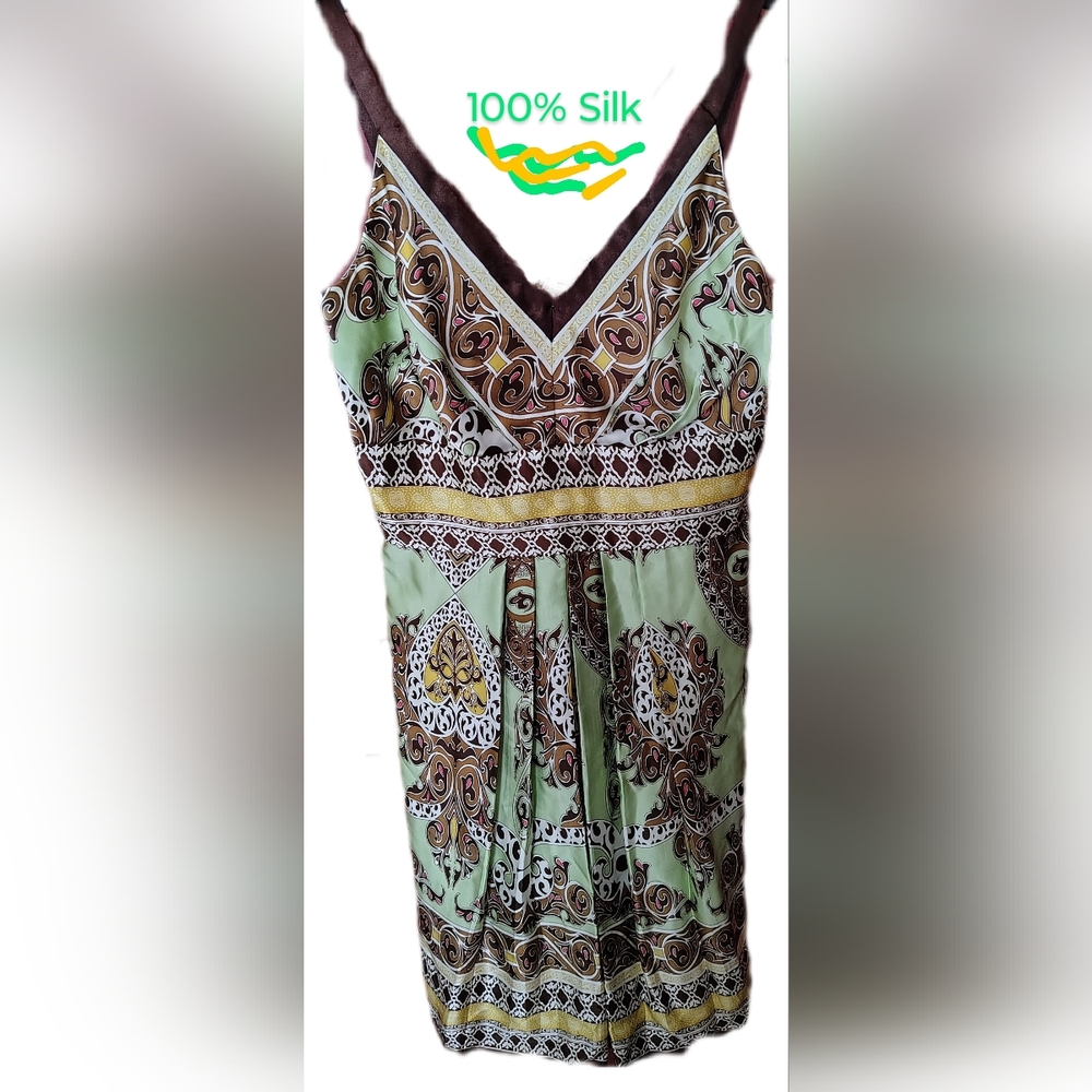 100% Silk Morrell Maxie Green and Brown Patterned Dress Sz 10 (30 Waist)